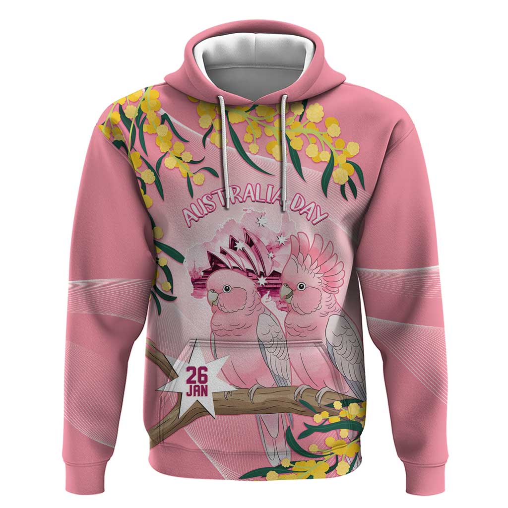 Personalised Galah Australia Day Hoodie 26th January Golden Wattle Pink Color - Aussie Hoodie