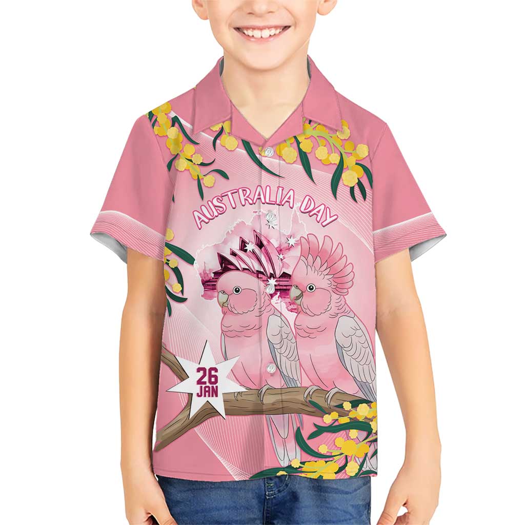 Personalised Galah Australia Day Kid Hawaiian Shirt 26th January Golden Wattle Pink Color - Aussie Hoodie