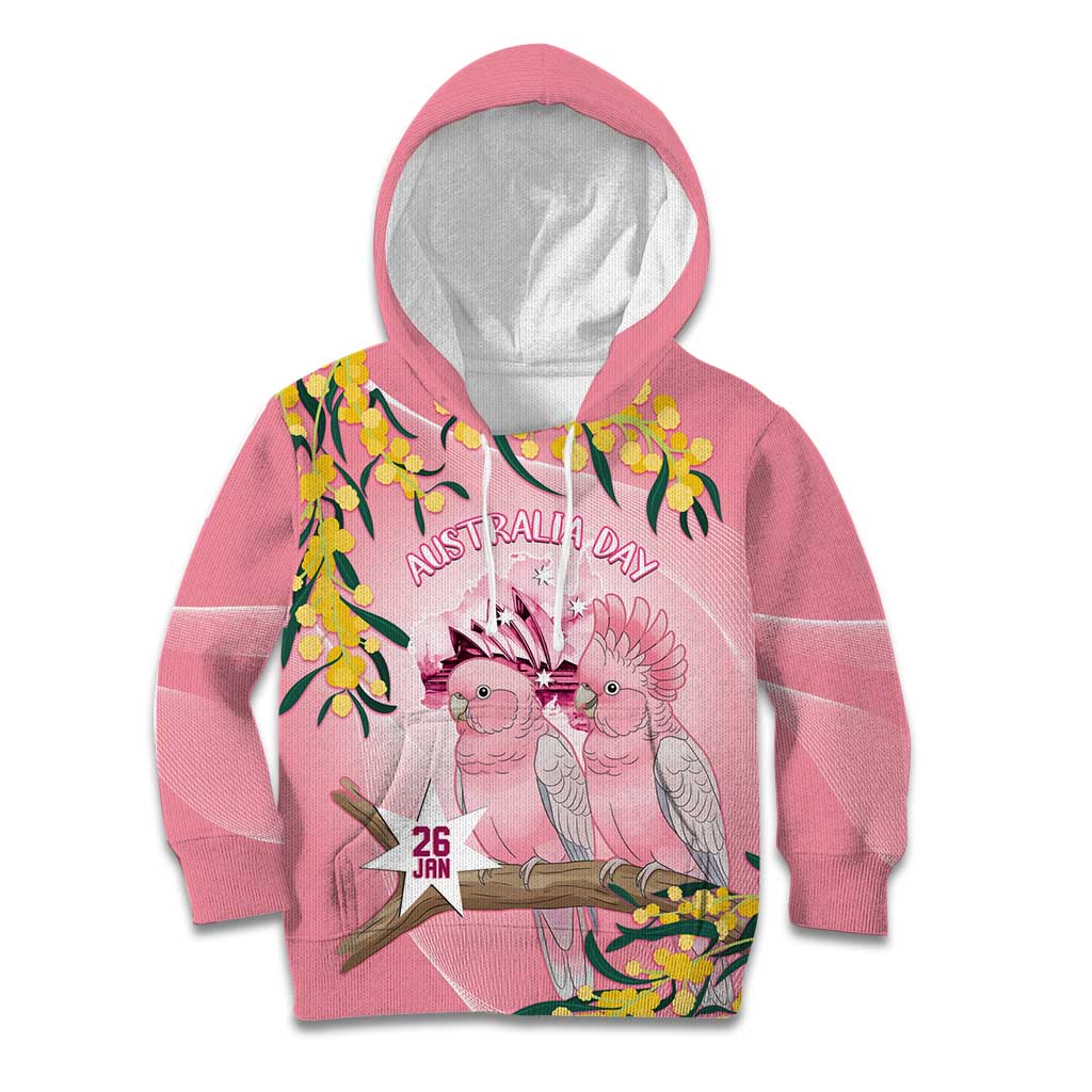 Personalised Galah Australia Day Kid Hoodie 26th January Golden Wattle Pink Color - Aussie Hoodie