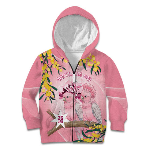 Personalised Galah Australia Day Kid Hoodie 26th January Golden Wattle Pink Color - Aussie Hoodie