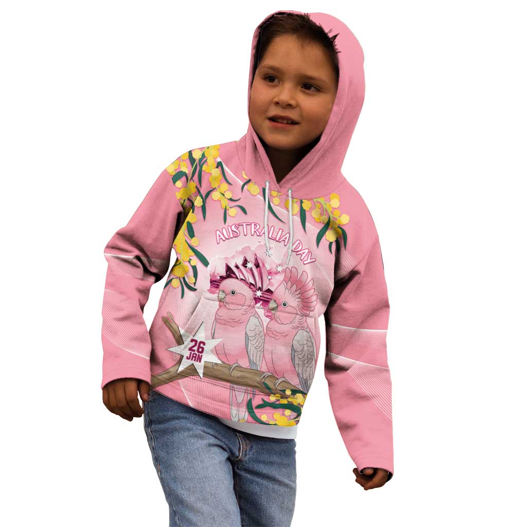 Personalised Galah Australia Day Kid Hoodie 26th January Golden Wattle Pink Color - Aussie Hoodie