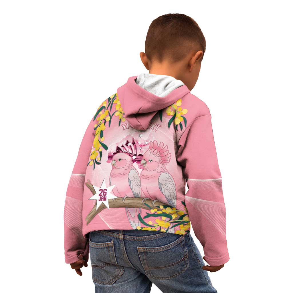 Personalised Galah Australia Day Kid Hoodie 26th January Golden Wattle Pink Color - Aussie Hoodie