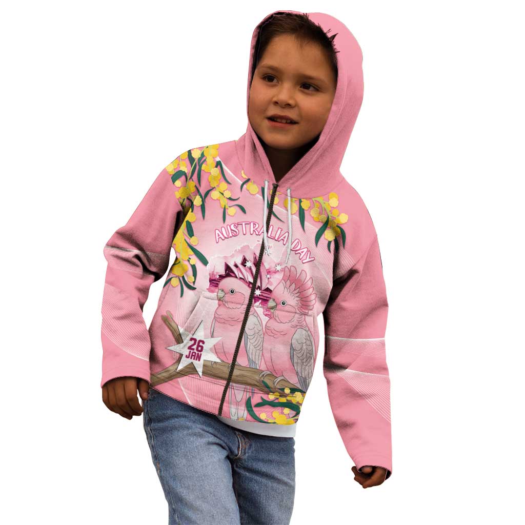 Personalised Galah Australia Day Kid Hoodie 26th January Golden Wattle Pink Color - Aussie Hoodie