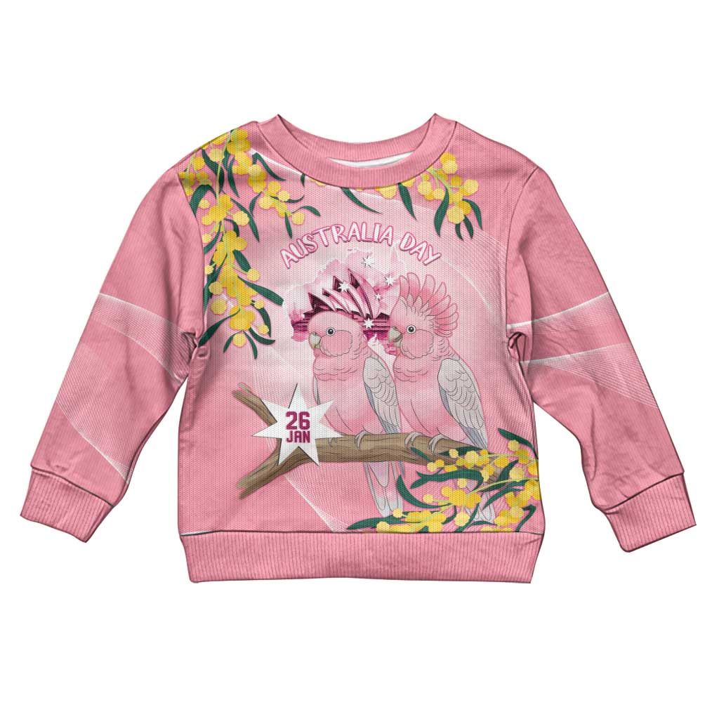 Personalised Galah Australia Day Kid Ugly Christmas Sweater 26th January Golden Wattle Pink Color - Aussie Hoodie