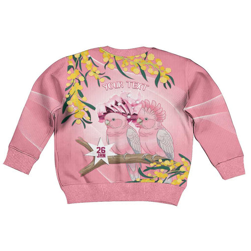 Personalised Galah Australia Day Kid Ugly Christmas Sweater 26th January Golden Wattle Pink Color - Aussie Hoodie