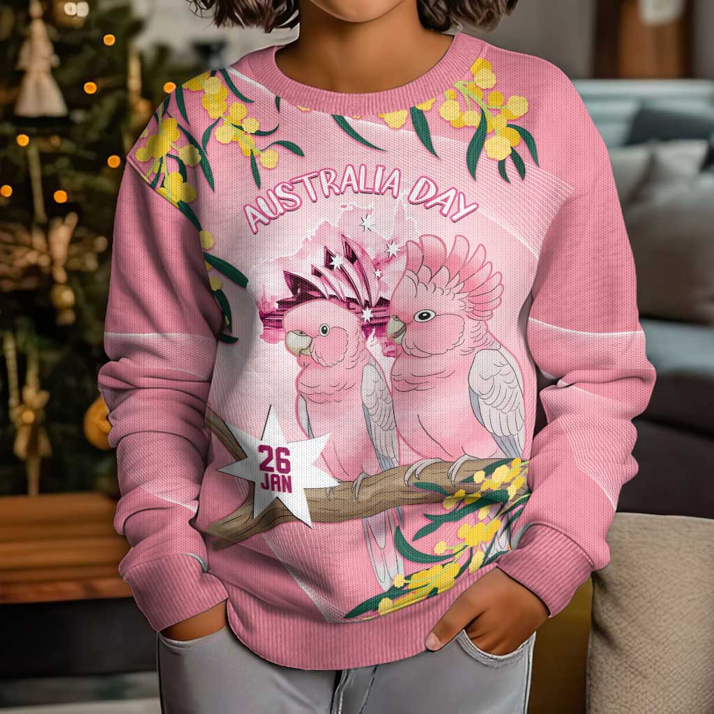 Personalised Galah Australia Day Kid Ugly Christmas Sweater 26th January Golden Wattle Pink Color - Aussie Hoodie