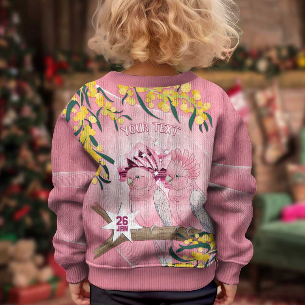 Personalised Galah Australia Day Kid Ugly Christmas Sweater 26th January Golden Wattle Pink Color - Aussie Hoodie