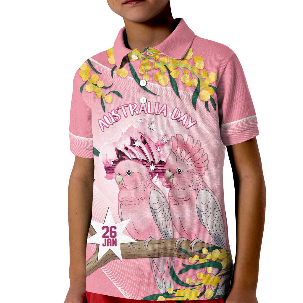 Personalised Galah Australia Day Kid Polo Shirt 26th January Golden Wattle Pink Color - Aussie Hoodie