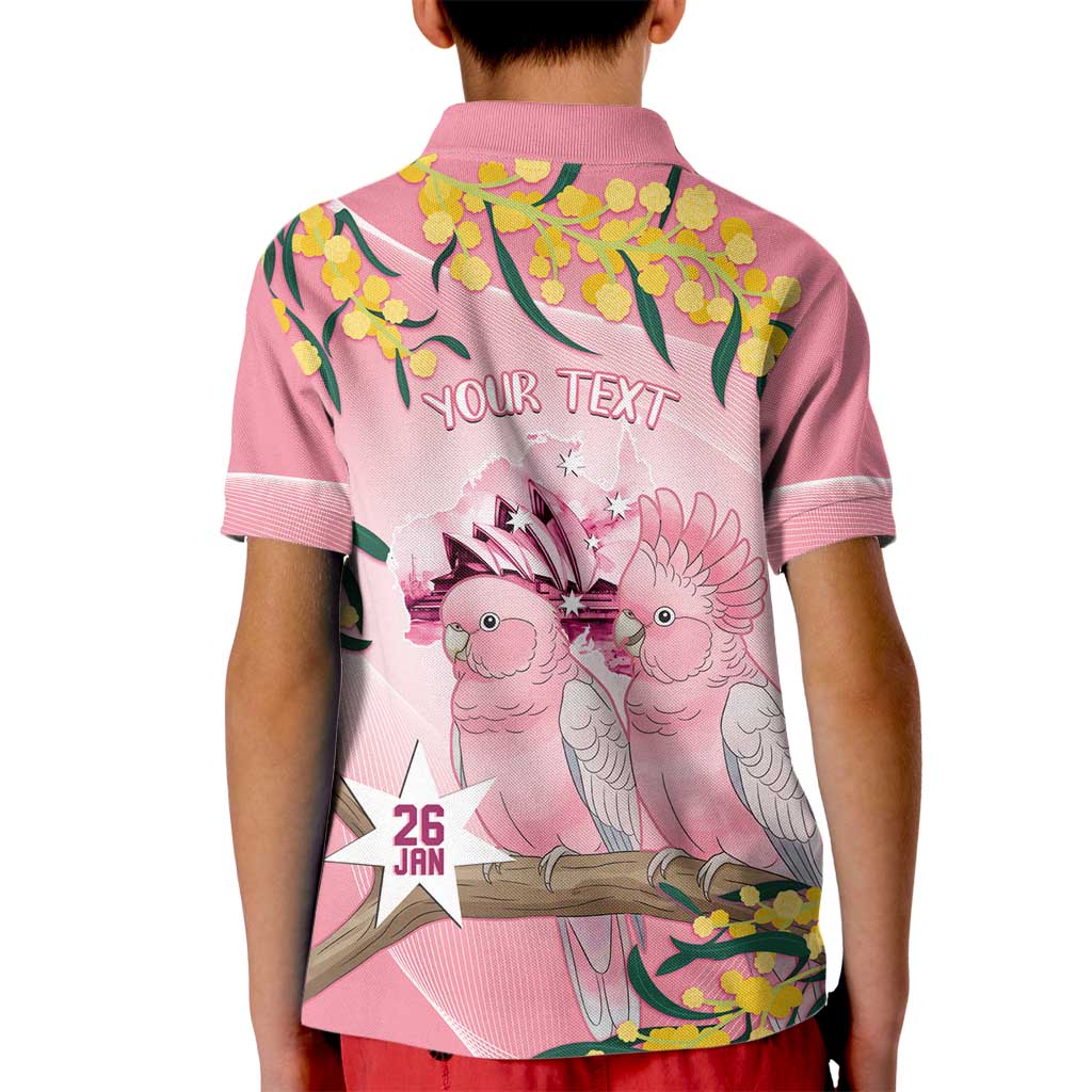 Personalised Galah Australia Day Kid Polo Shirt 26th January Golden Wattle Pink Color - Aussie Hoodie