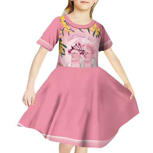 Personalised Galah Australia Day Kid Short Sleeve Dress 26th January Golden Wattle Pink Color - Aussie Hoodie