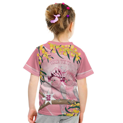 Personalised Galah Australia Day Kid T Shirt 26th January Golden Wattle Pink Color - Aussie Hoodie