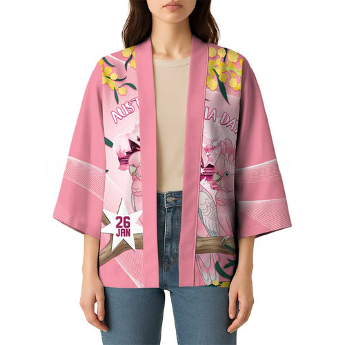 Personalised Galah Australia Day Kimono 26th January Golden Wattle Pink Color - Aussie Hoodie