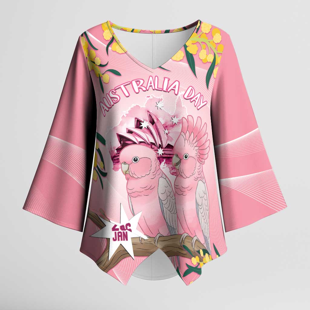Personalised Galah Australia Day Kimono Sleeve Blouse 26th January Golden Wattle Pink Color - Aussie Hoodie