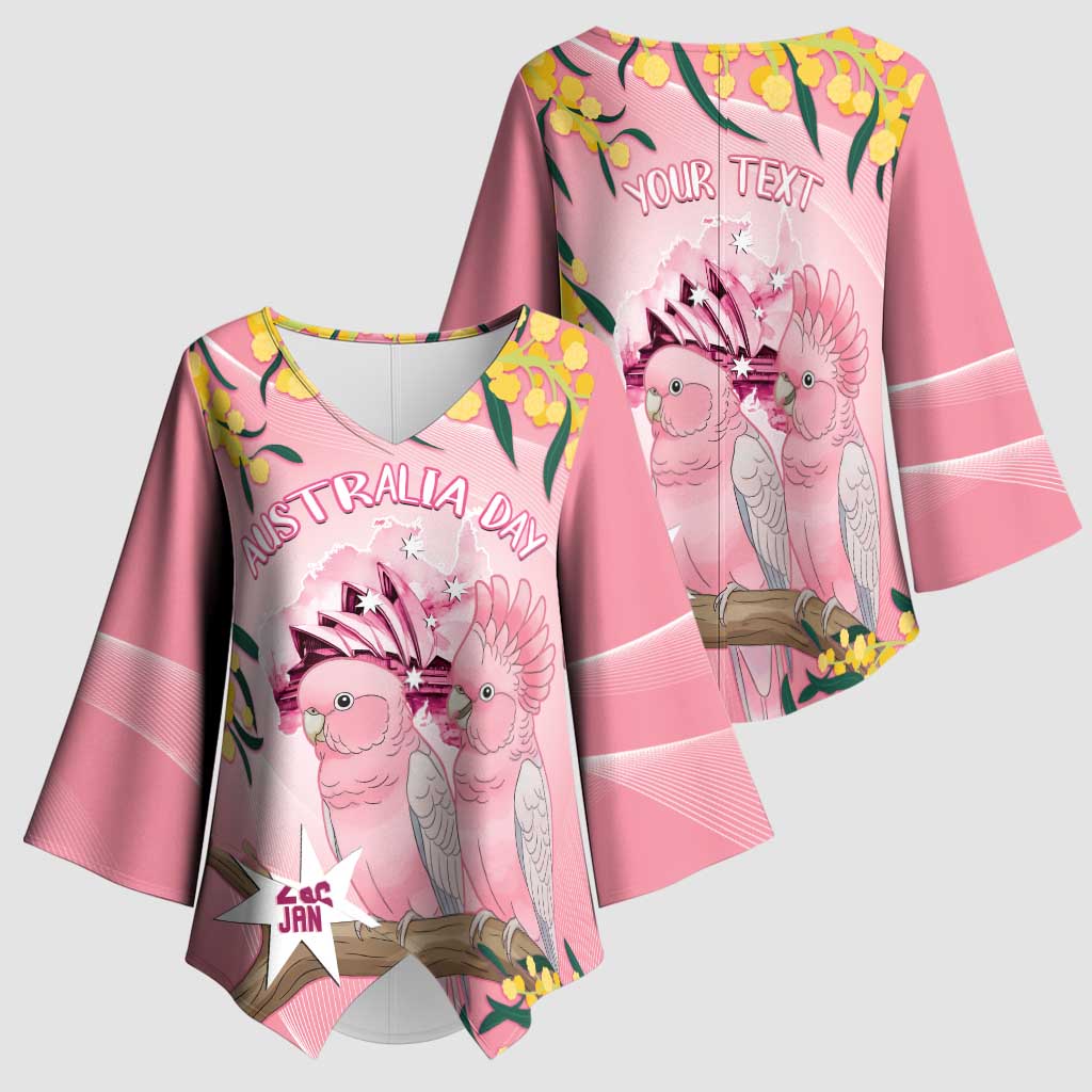Personalised Galah Australia Day Kimono Sleeve Blouse 26th January Golden Wattle Pink Color - Aussie Hoodie