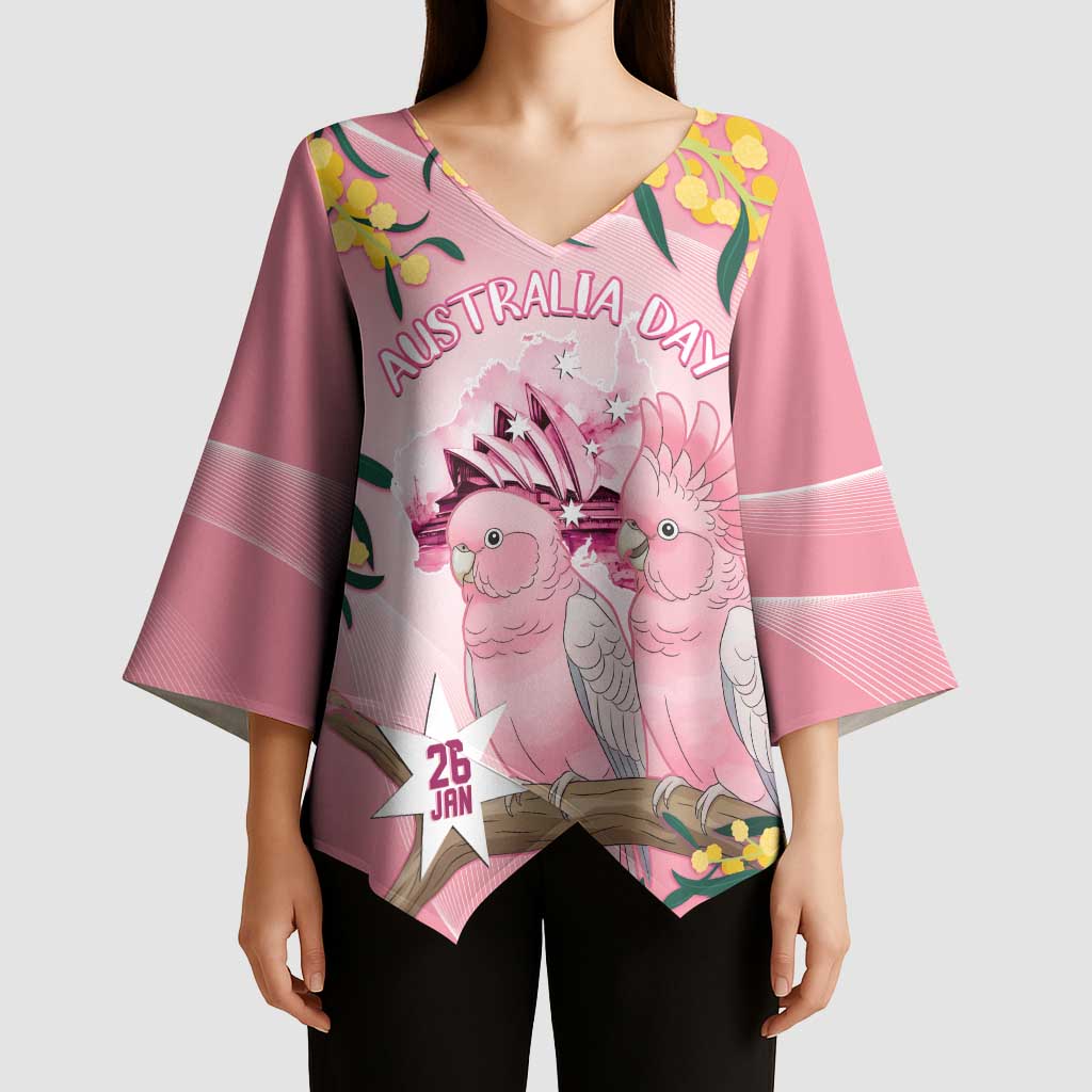 Personalised Galah Australia Day Kimono Sleeve Blouse 26th January Golden Wattle Pink Color - Aussie Hoodie