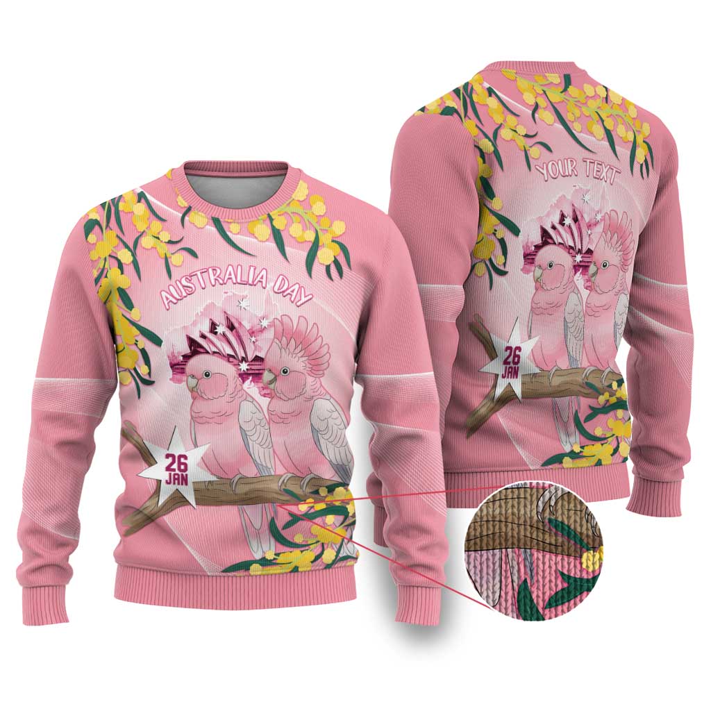 Personalised Galah Australia Day Ugly Christmas Sweater 26th January Golden Wattle Pink Color - Aussie Hoodie