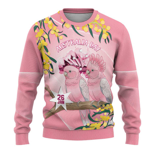 Personalised Galah Australia Day Ugly Christmas Sweater 26th January Golden Wattle Pink Color - Aussie Hoodie