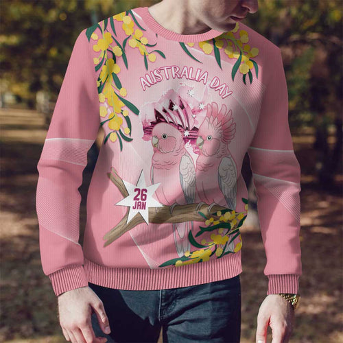 Personalised Galah Australia Day Ugly Christmas Sweater 26th January Golden Wattle Pink Color - Aussie Hoodie