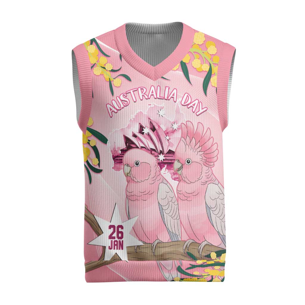 Personalised Galah Australia Day Christmas Knitted V-Neck Vest 26th January Golden Wattle Pink Color - Aussie Hoodie