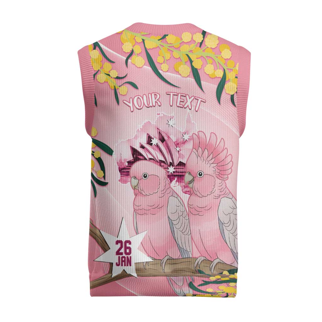Personalised Galah Australia Day Christmas Knitted V-Neck Vest 26th January Golden Wattle Pink Color - Aussie Hoodie