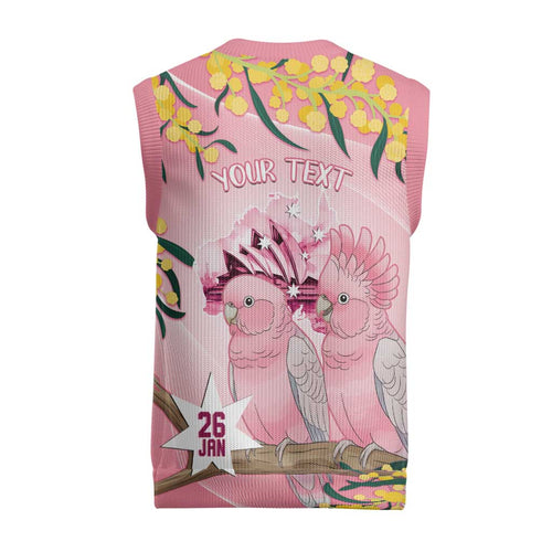 Personalised Galah Australia Day Christmas Knitted V-Neck Vest 26th January Golden Wattle Pink Color - Aussie Hoodie