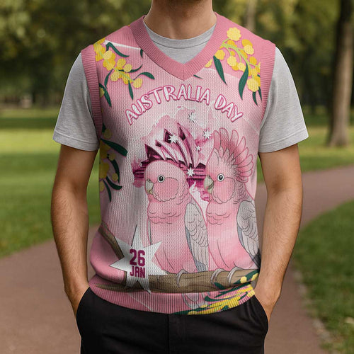 Personalised Galah Australia Day Christmas Knitted V-Neck Vest 26th January Golden Wattle Pink Color - Aussie Hoodie