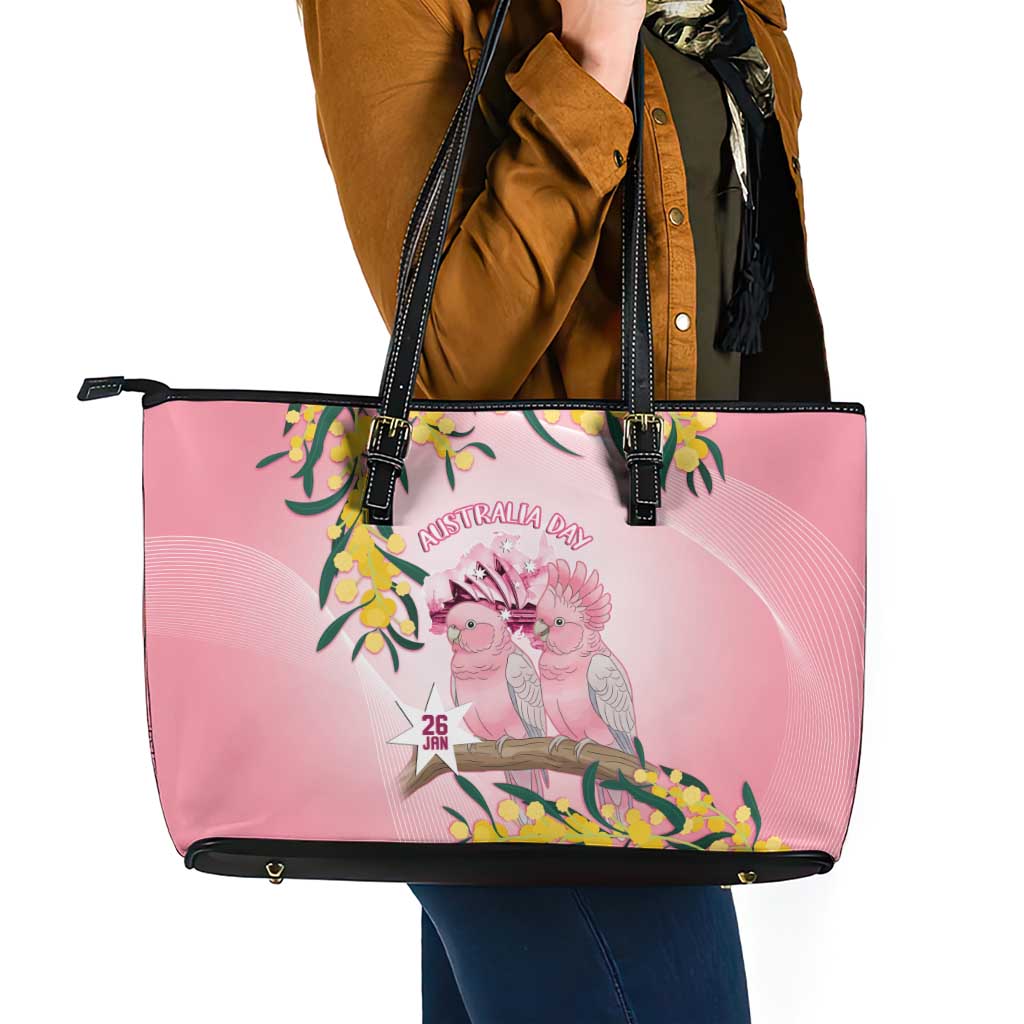 Galah Australia Day Leather Tote Bag 26th January Golden Wattle Pink Color - Aussie Hoodie