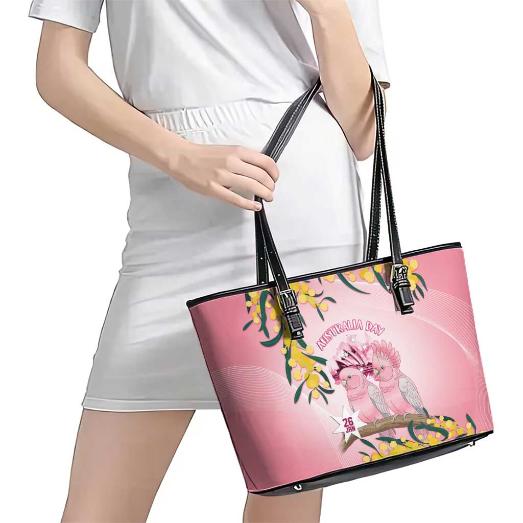 Galah Australia Day Leather Tote Bag 26th January Golden Wattle Pink Color - Aussie Hoodie