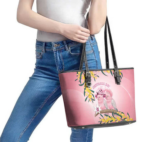 Galah Australia Day Leather Tote Bag 26th January Golden Wattle Pink Color - Aussie Hoodie
