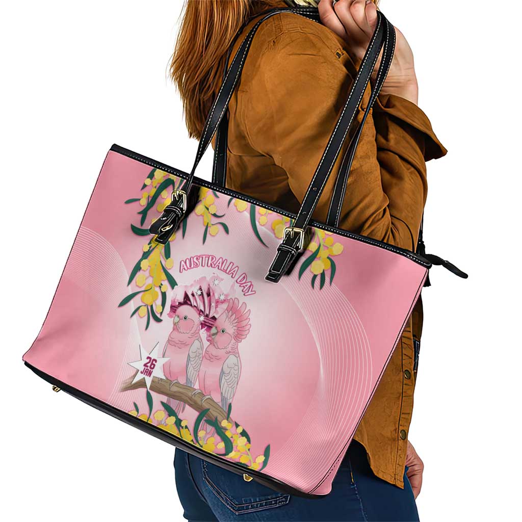 Galah Australia Day Leather Tote Bag 26th January Golden Wattle Pink Color - Aussie Hoodie