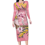 Personalised Galah Australia Day Long Sleeve Bodycon Dress 26th January Golden Wattle Pink Color - Aussie Hoodie