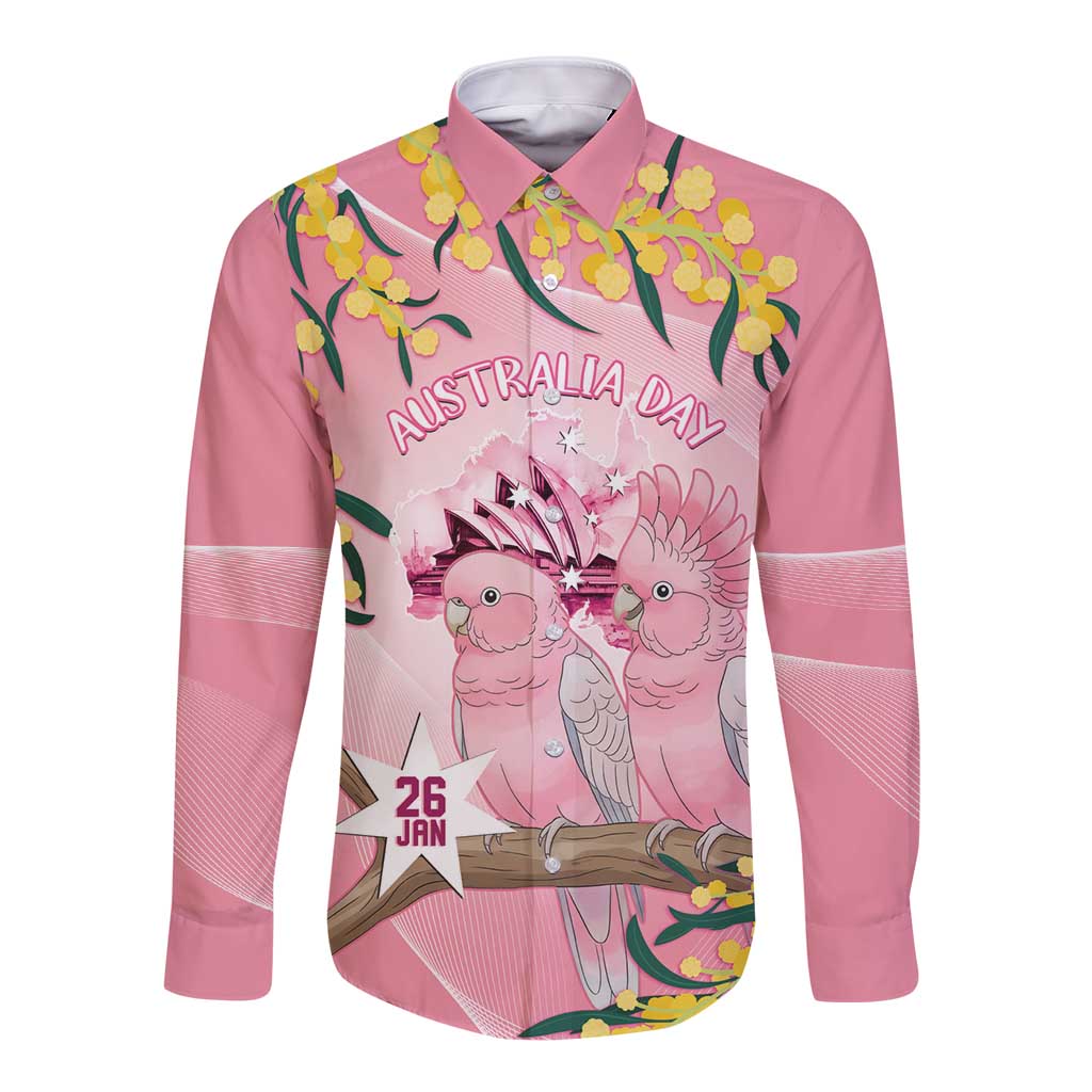 Personalised Galah Australia Day Long Sleeve Button Shirt 26th January Golden Wattle Pink Color - Aussie Hoodie