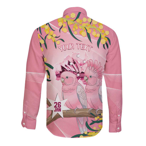 Personalised Galah Australia Day Long Sleeve Button Shirt 26th January Golden Wattle Pink Color - Aussie Hoodie