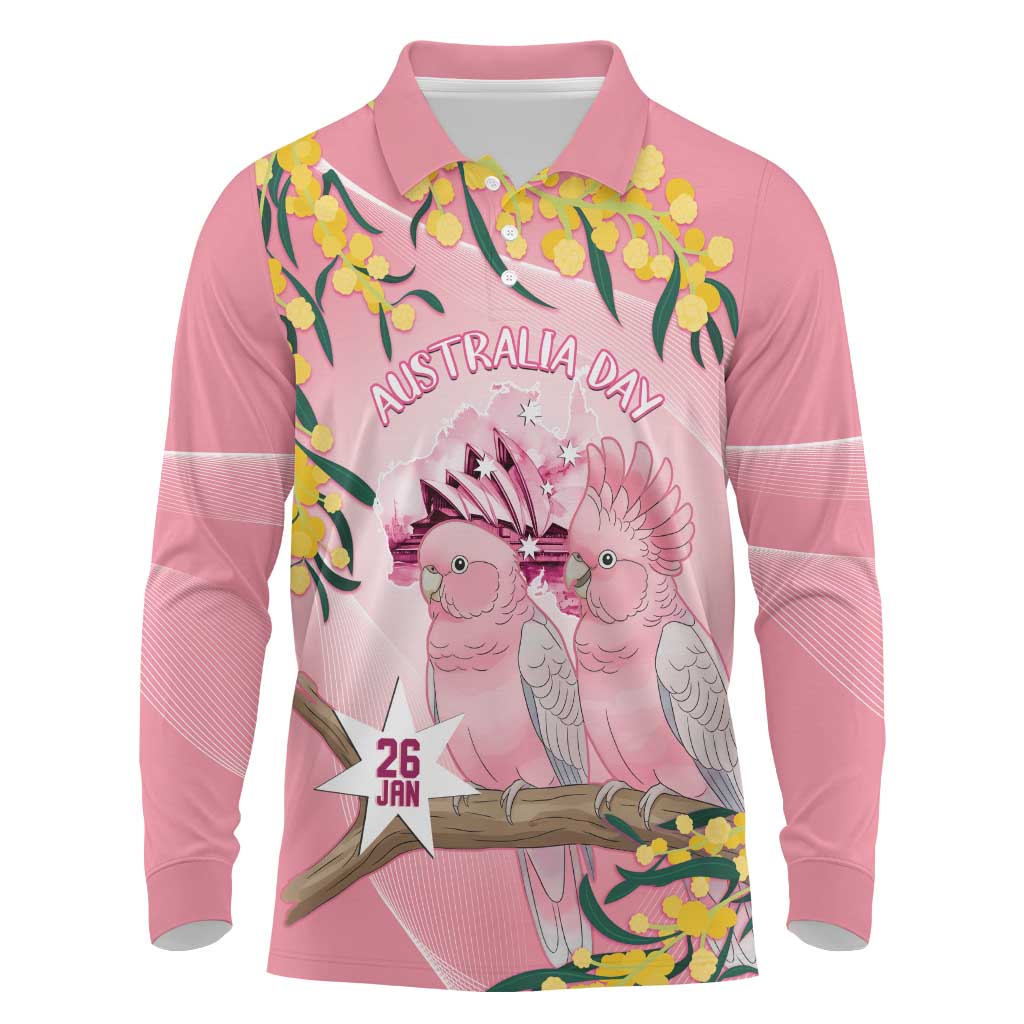 Personalised Galah Australia Day Long Sleeve Polo Shirt 26th January Golden Wattle Pink Color - Aussie Hoodie