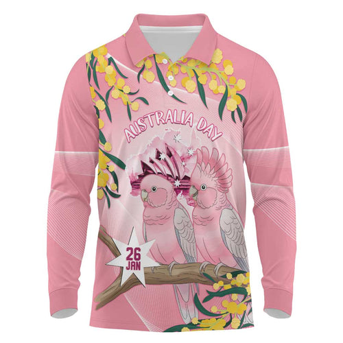 Personalised Galah Australia Day Long Sleeve Polo Shirt 26th January Golden Wattle Pink Color - Aussie Hoodie