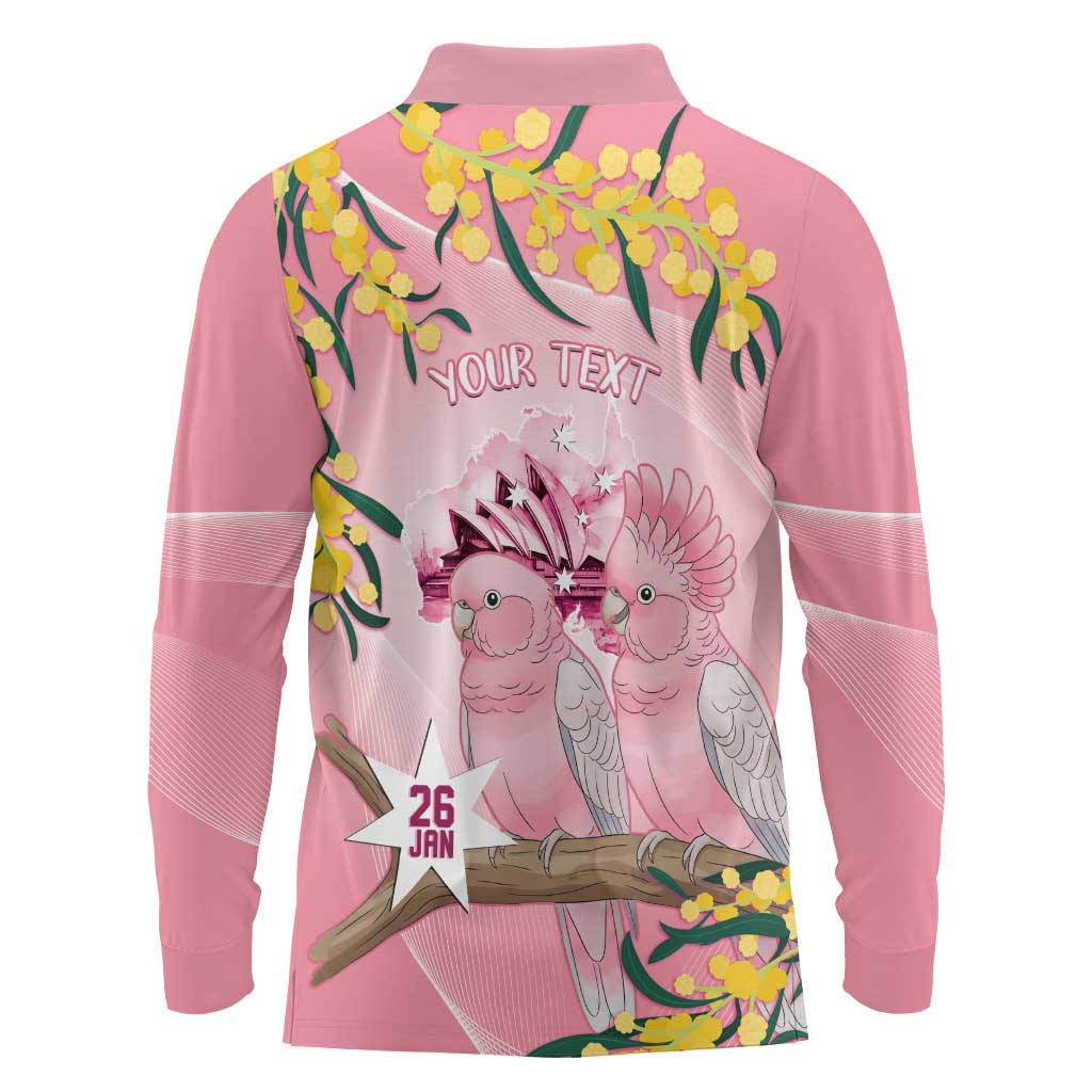 Personalised Galah Australia Day Long Sleeve Polo Shirt 26th January Golden Wattle Pink Color - Aussie Hoodie
