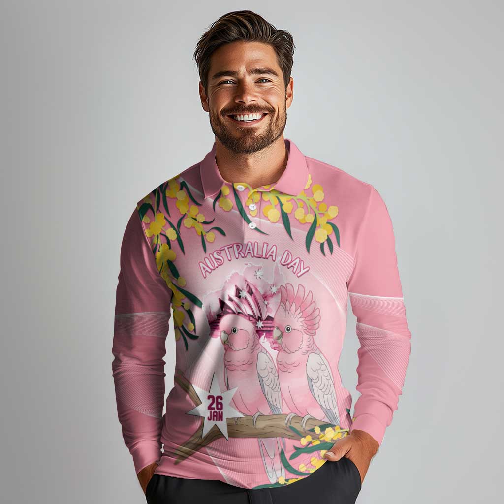 Personalised Galah Australia Day Long Sleeve Polo Shirt 26th January Golden Wattle Pink Color - Aussie Hoodie