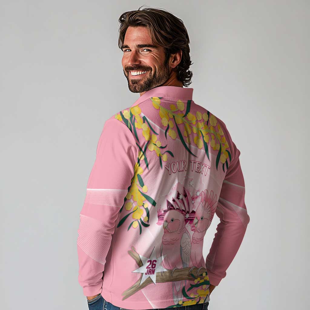 Personalised Galah Australia Day Long Sleeve Polo Shirt 26th January Golden Wattle Pink Color - Aussie Hoodie