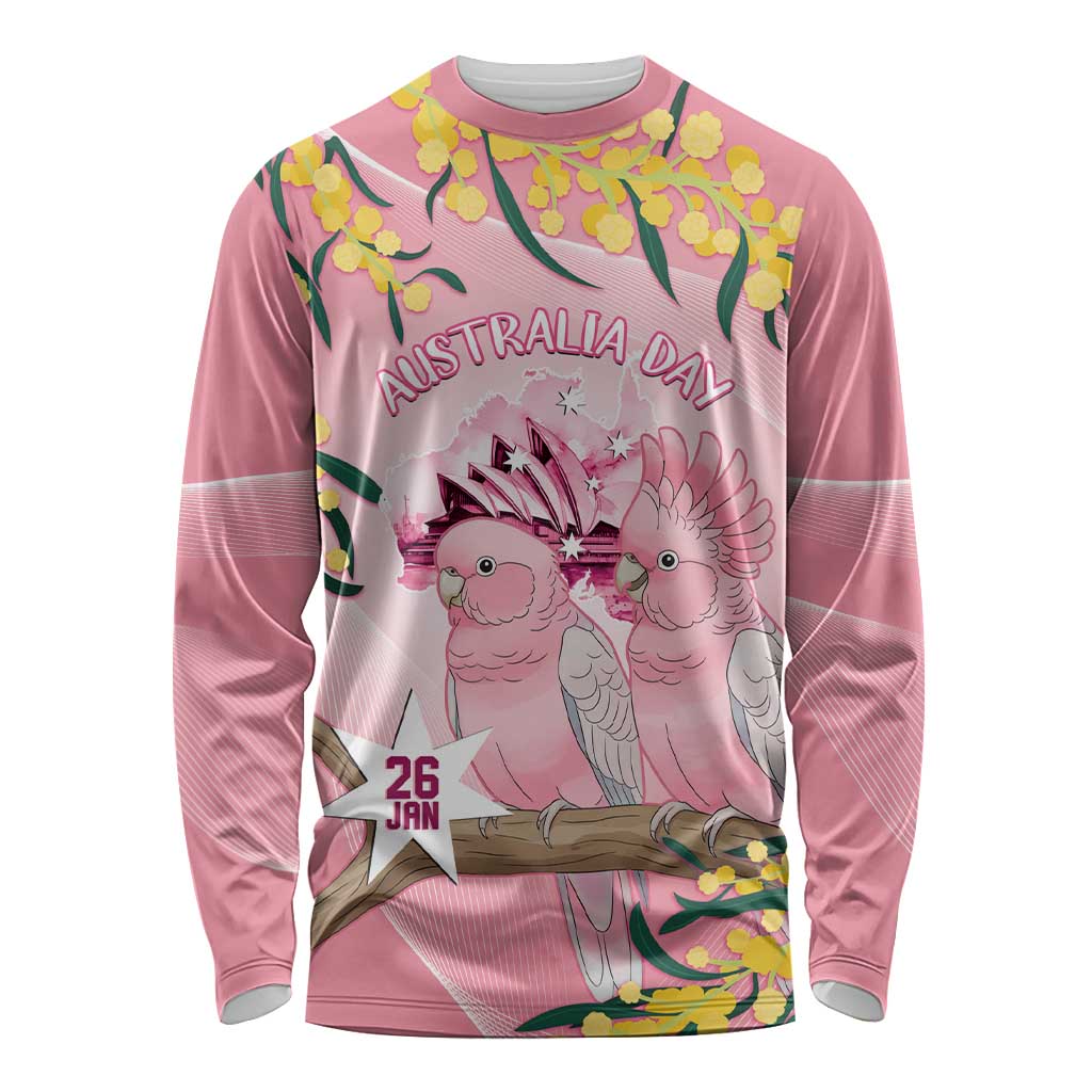 Personalised Galah Australia Day Long Sleeve Shirt 26th January Golden Wattle Pink Color - Aussie Hoodie