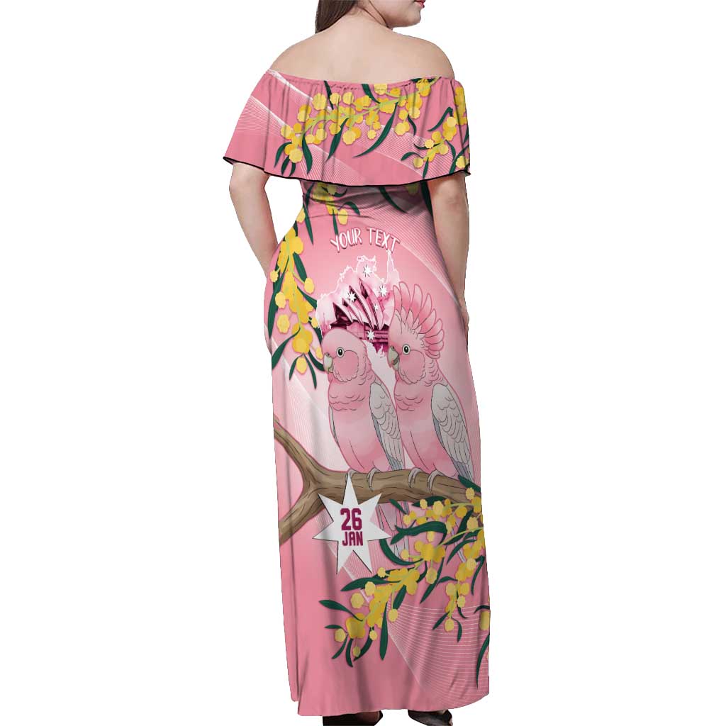 Personalised Galah Australia Day Off Shoulder Maxi Dress 26th January Golden Wattle Pink Color - Aussie Hoodie