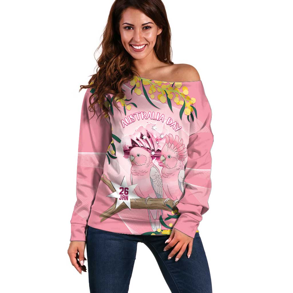 Personalised Galah Australia Day Off Shoulder Sweater 26th January Golden Wattle Pink Color - Aussie Hoodie