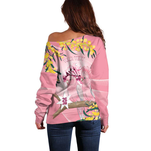 Personalised Galah Australia Day Off Shoulder Sweater 26th January Golden Wattle Pink Color - Aussie Hoodie