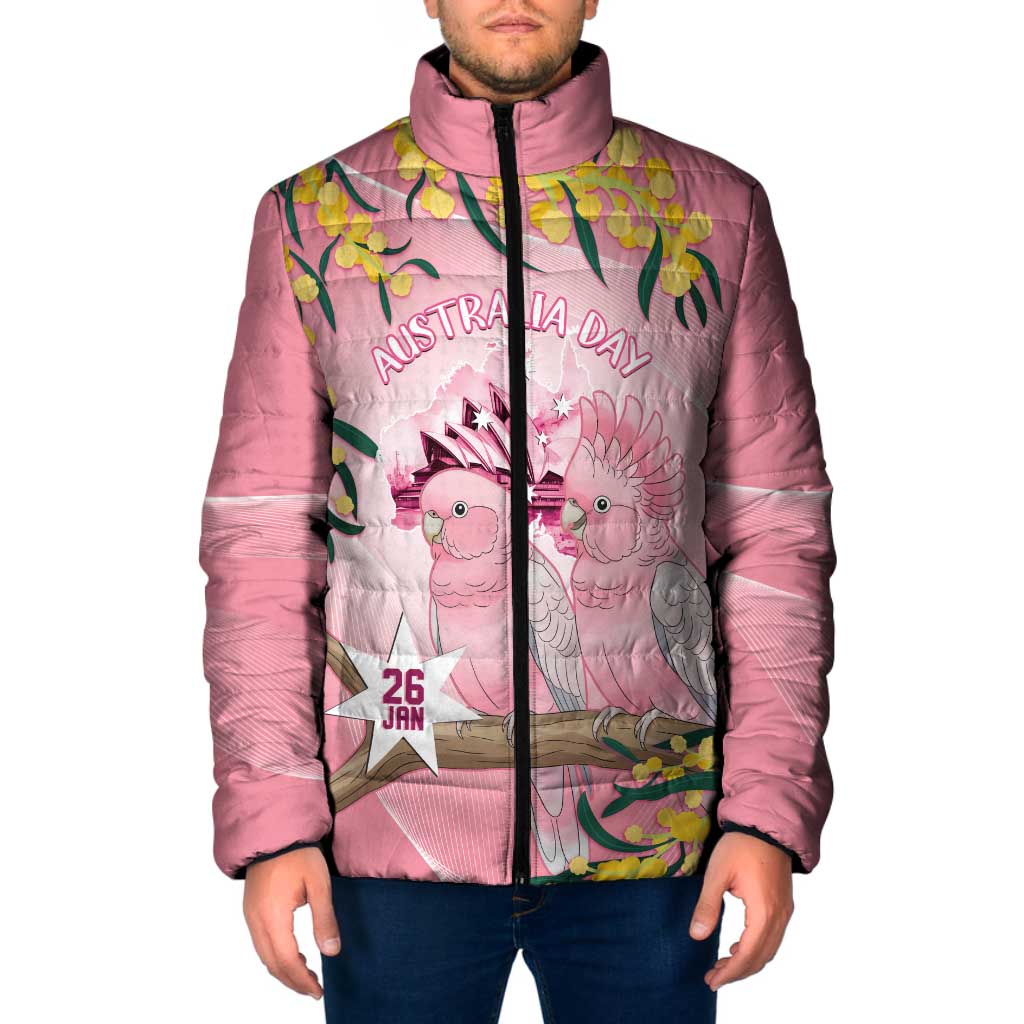 Personalised Galah Australia Day Padded Jacket 26th January Golden Wattle Pink Color - Aussie Hoodie