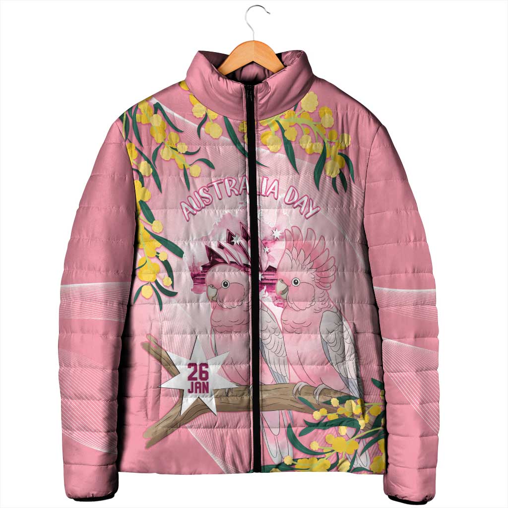 Personalised Galah Australia Day Padded Jacket 26th January Golden Wattle Pink Color - Aussie Hoodie