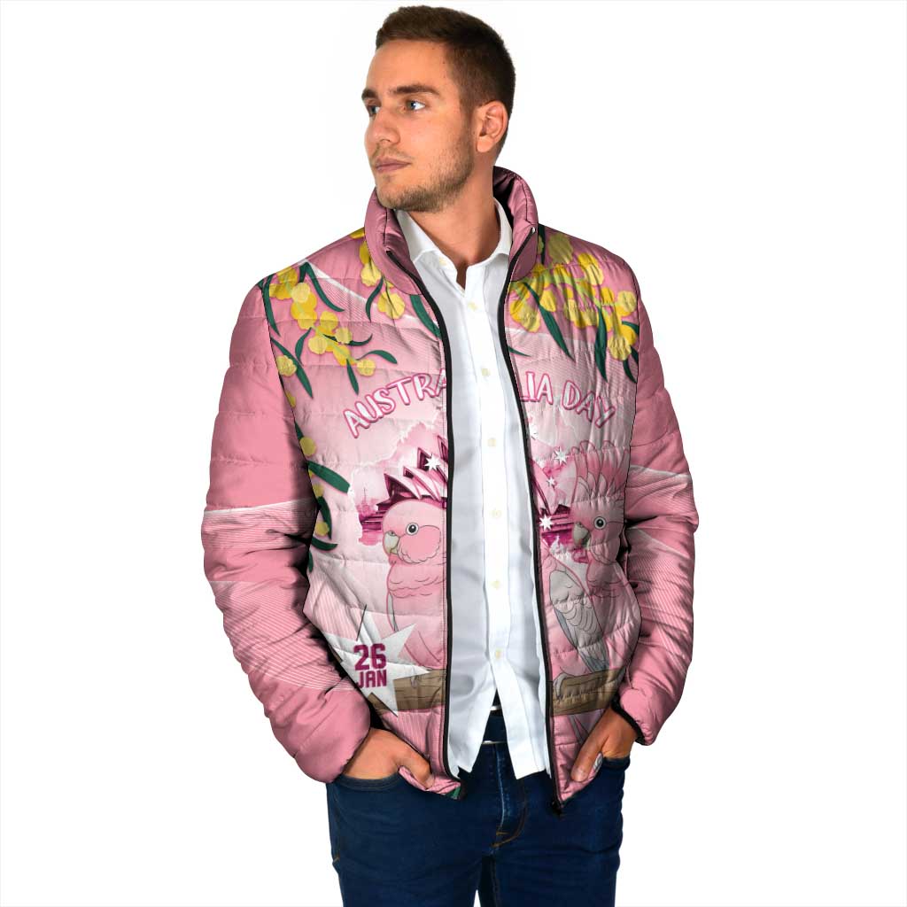 Personalised Galah Australia Day Padded Jacket 26th January Golden Wattle Pink Color - Aussie Hoodie