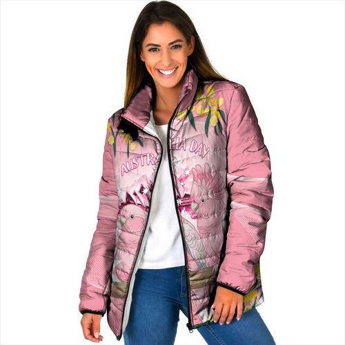 Personalised Galah Australia Day Padded Jacket 26th January Golden Wattle Pink Color - Aussie Hoodie