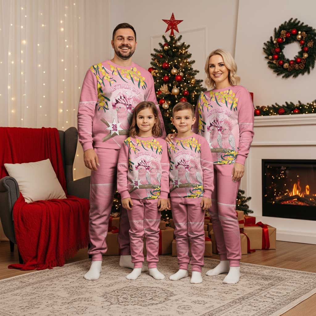 Personalised Galah Australia Day Christmas Pajama Set 26th January Golden Wattle Pink Color - Aussie Hoodie