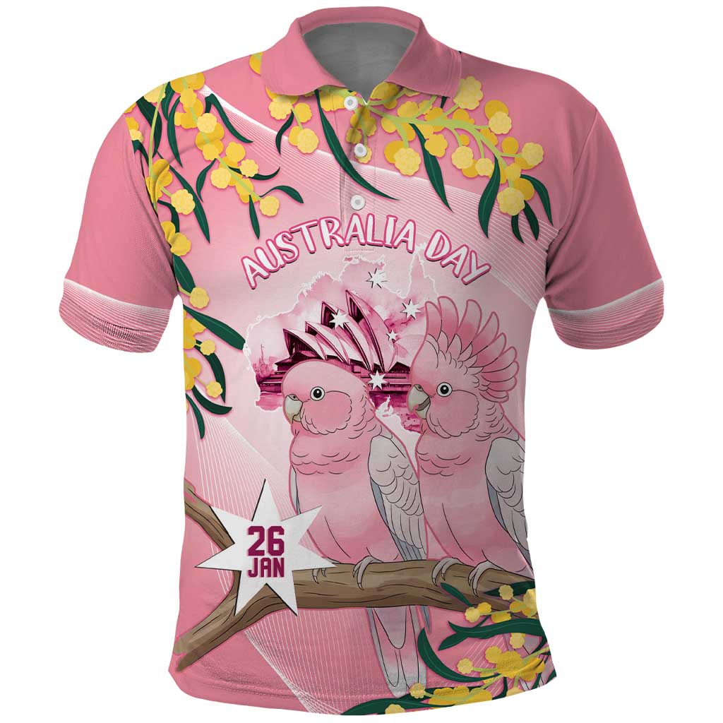 Personalised Galah Australia Day Polo Shirt 26th January Golden Wattle Pink Color - Aussie Hoodie