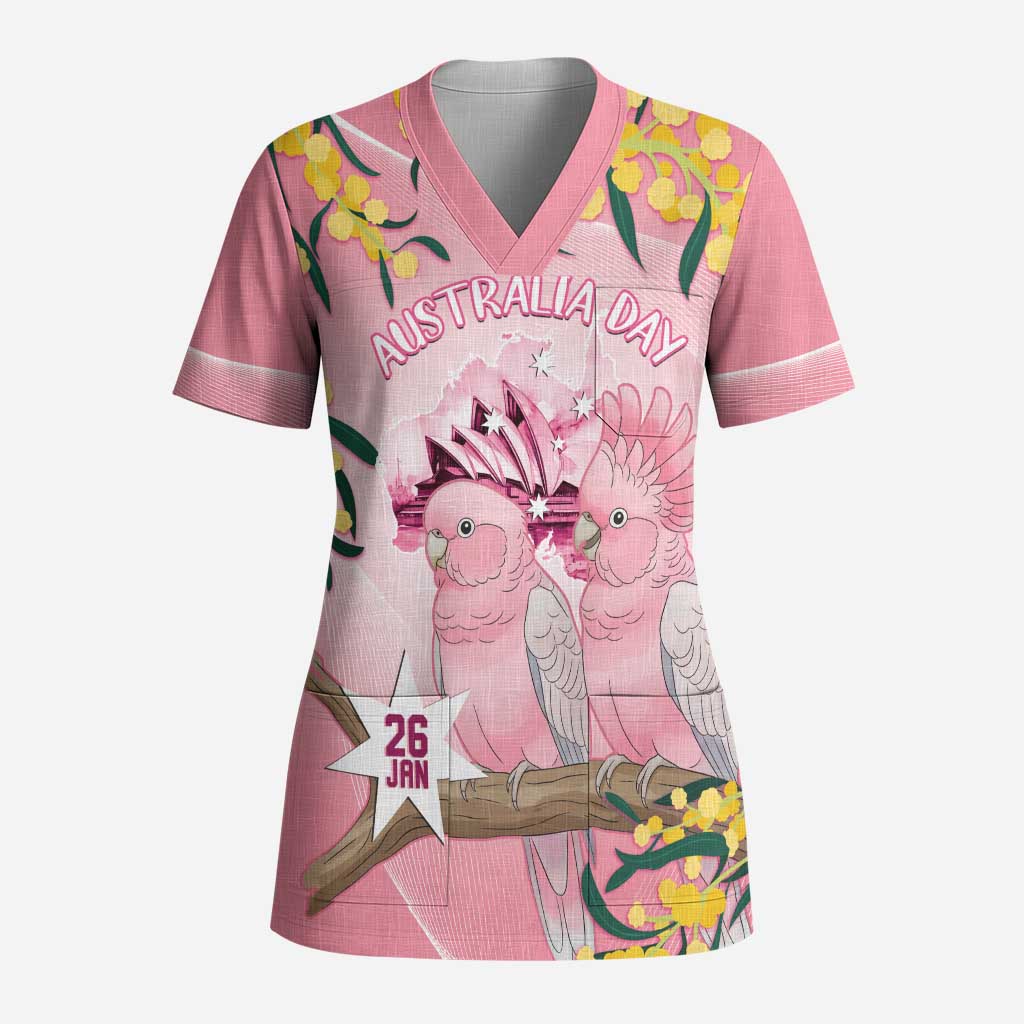 Personalised Galah Australia Day Scrub Top 26th January Golden Wattle Pink Color - Aussie Hoodie