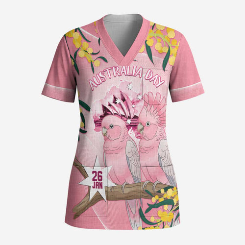 Personalised Galah Australia Day Scrub Top 26th January Golden Wattle Pink Color - Aussie Hoodie